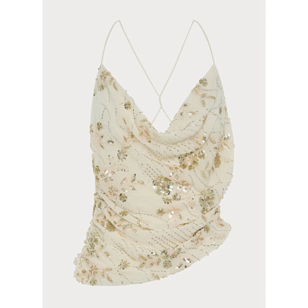 MQTIME  -  Women Summer Flower Embellished Sequin Beading Camisole Top Cowl Neck Thin Straps Open Back Asymmetrical Hem Vest