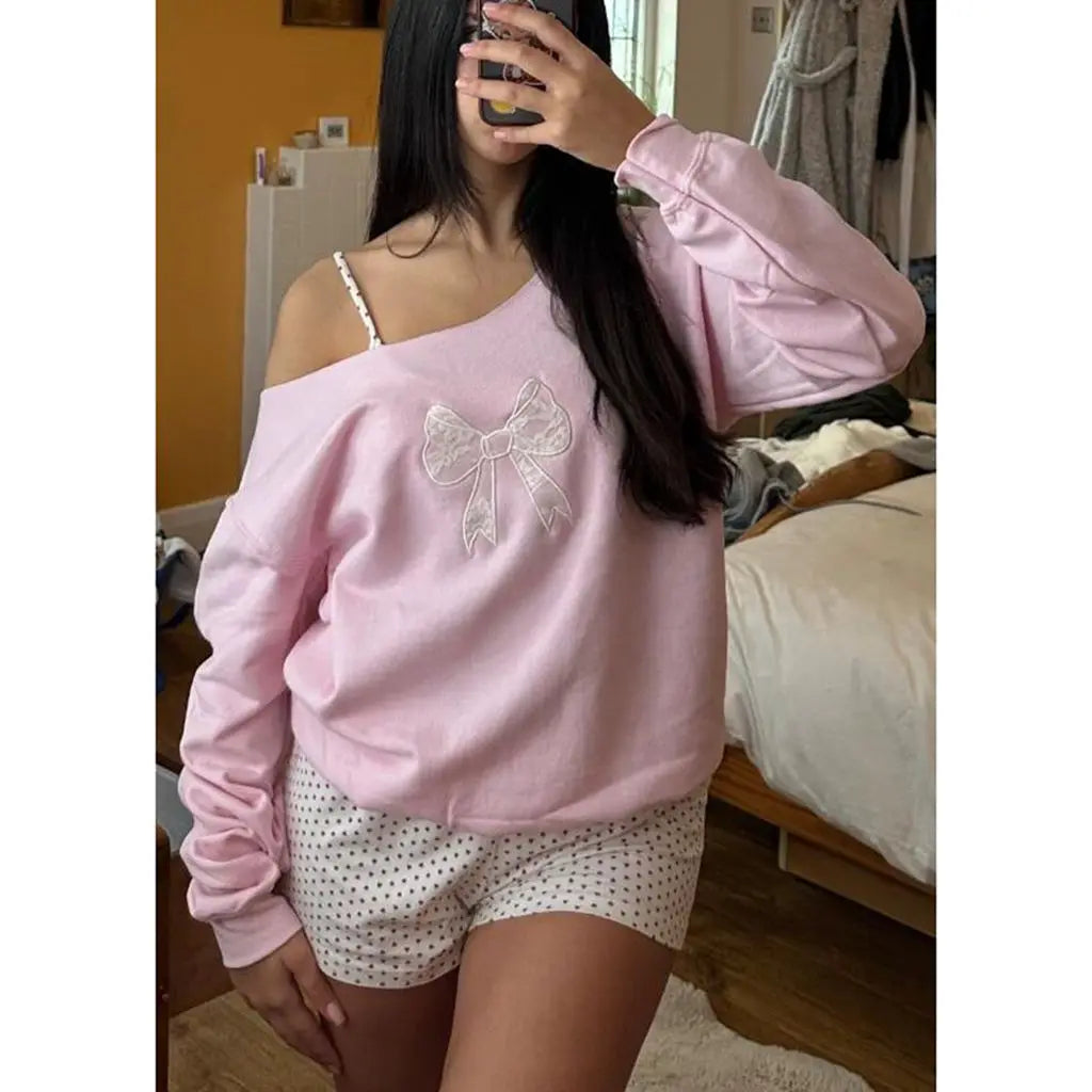 MQTIME  -  Women's Y2K Off-Shoulder Hoodies Sweatshirts Cute Aesthetic Print Loose Long Sleeve Pullovers Casual Tops Streetwear