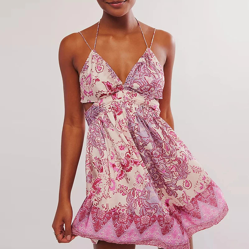 MQTIME  -  Sweet Girl Floral Print Suspender Short Dress Sexy Backless Sleeveless Club Mini Dress Elegant Hollow Out Party Dress for Women