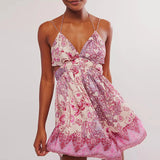 MQTIME  -  Sweet Girl Floral Print Suspender Short Dress Sexy Backless Sleeveless Club Mini Dress Elegant Hollow Out Party Dress for Women