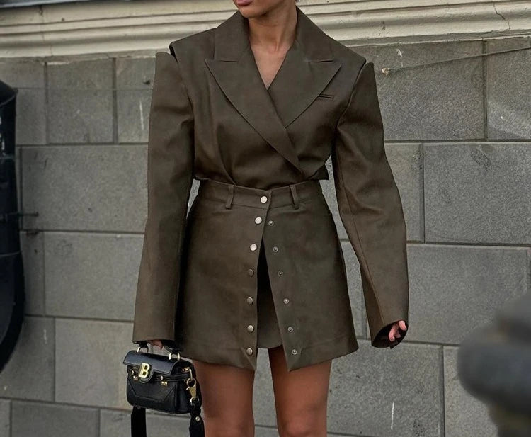 MQTIME  -  Retro Fashion PU Leather Skirt Set Women's Design Sense Cutout Long Sleeve Top Luxury Sense Two-piece Set