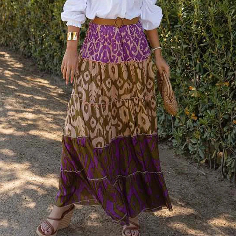 MQTIME  -  Women Elegant Floral Print Pleated Long Skirts Summer Fashion Elastic Waist Loose Chiffon Skirts Casual Ruffled Bohe Party Skirt