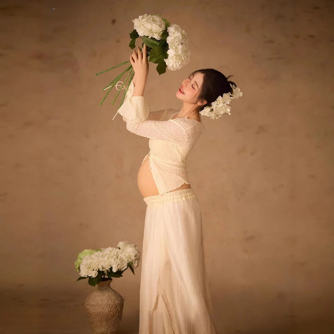 MQTIME  -  Women Photography Props Maternity White Elegant Pregant Split Top with Skirt Pregnancy Dresses Studio Photo Shoot Photo Clothes