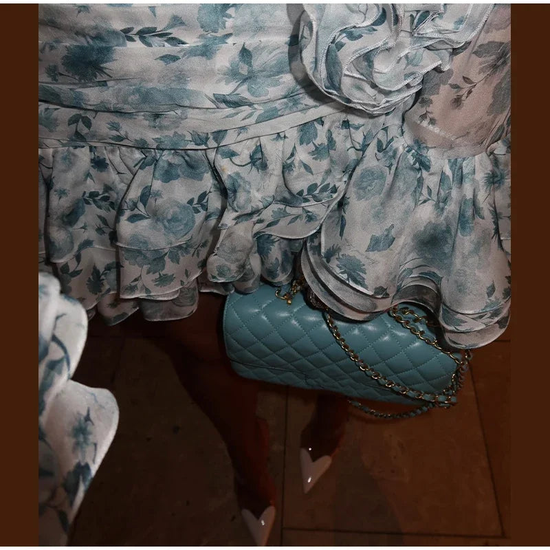 MQTIME  -  Chic Pleated Ruffled Hem Print Dress Women Long Flare Sleeve V-neck Hollow Out Irregular Mini Dresses 2025 Autumn Party Vestidos