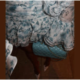 MQTIME  -  Chic Pleated Ruffled Hem Print Dress Women Long Flare Sleeve V-neck Hollow Out Irregular Mini Dresses 2025 Autumn Party Vestidos