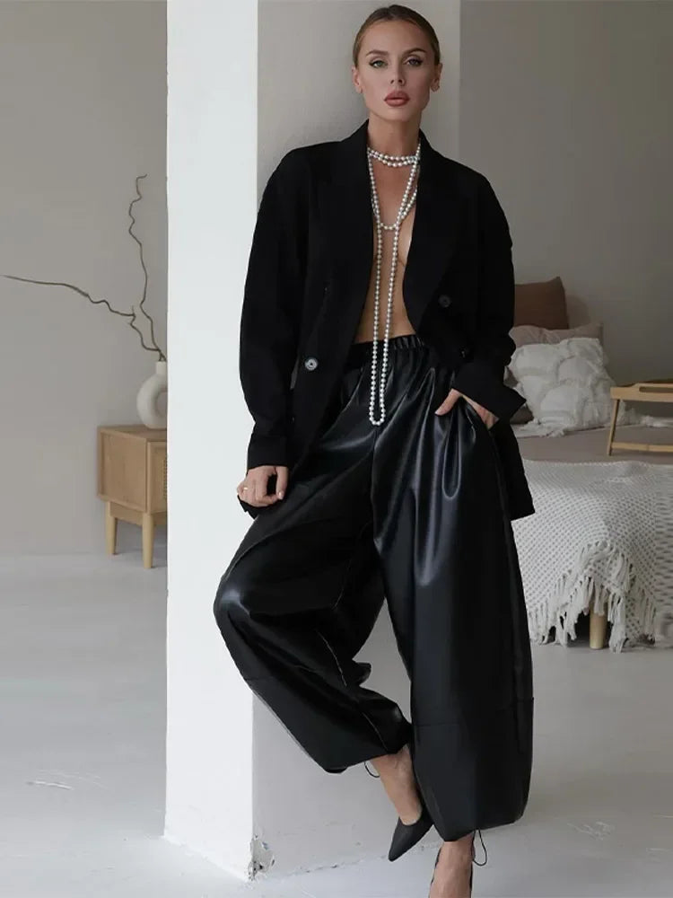 MQTIME  -  Fashion Women's Black High Waist Wide Leg PU Leather Pants Elastic Waist Pockets 2025 Autumn Winter Female High Street Outerwear