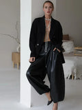 MQTIME  -  Fashion Women's Black High Waist Wide Leg PU Leather Pants Elastic Waist Pockets 2025 Autumn Winter Female High Street Outerwear