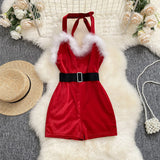 MQTIME  -  Women's Christmas Cosplay Costume Slim Lingerie Rompers Oneseies Feather Trim Backless Jumpsuits Playsuits with Belt