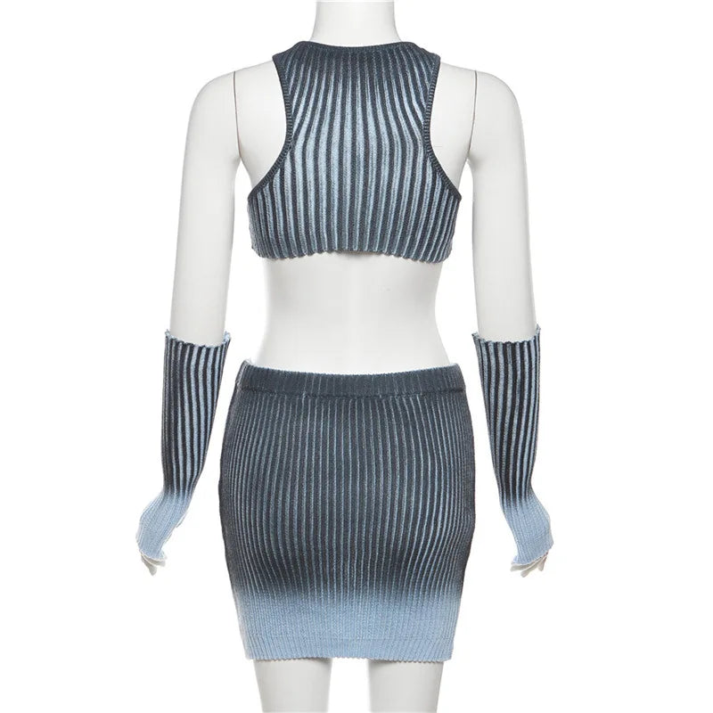 MQTIME  - Gradient Knitted 3 Piece Dress Sets Women Finger Sleeve Cover + Irregular Vests Crop Top + Bodycon Mini Skirts Streetwear Suits