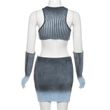 MQTIME  - Gradient Knitted 3 Piece Dress Sets Women Finger Sleeve Cover + Irregular Vests Crop Top + Bodycon Mini Skirts Streetwear Suits