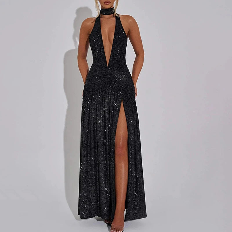 MQTIME  -  Sexy Deep V-neck Halter Slim Evening Dress Women Fashion Bright Silk Hight Waist Long Dress Elegant Sleeveless Split Party Dress