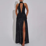 MQTIME  -  Sexy Deep V-neck Halter Slim Evening Dress Women Fashion Bright Silk Hight Waist Long Dress Elegant Sleeveless Split Party Dress