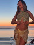 MQTIME  -   Sparkly Sequin Sheer Mesh Two-Way Wrap Skirt  Women's Adjustable Tie Mini Skirts Summer New Sexy Beach Vacation Party Cover Up
