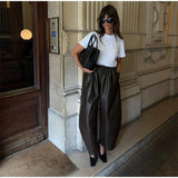 MQTIME  -  Fashion Women's Black High Waist Wide Leg PU Leather Pants Elastic Waist Pockets 2025 Autumn Winter Female High Street Outerwear