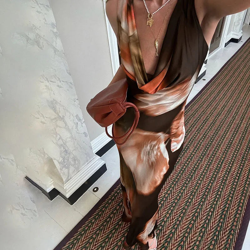 MQTIME  -  Elegant Swing Neck Low Cut Skinny Long Dress Women Sexy Sleeveless High Waist Party Dress Fashion Printed Draped Evening Dresses