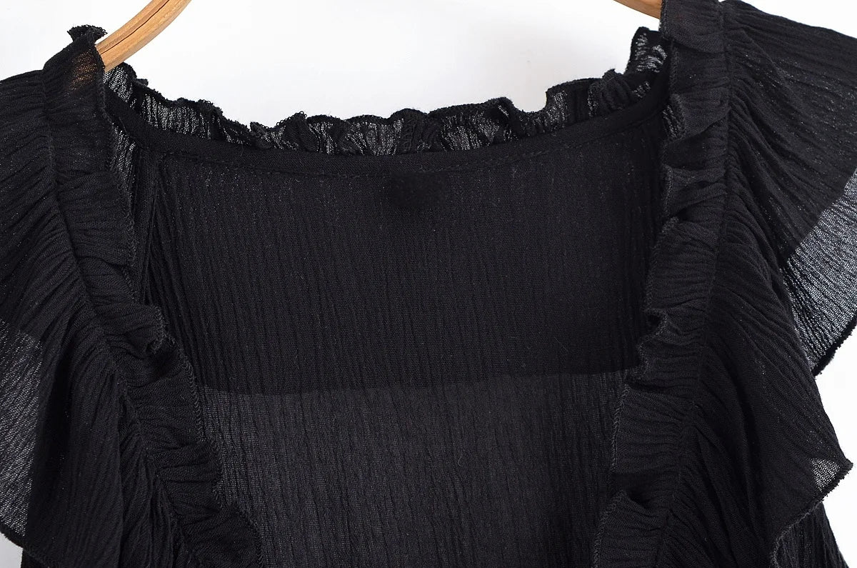 MQTIME  -  Summer New Arrivals Women's Retro Casual French Ruffle Sleeveless V-Neck Cake Skirt Fashion Mini Dress