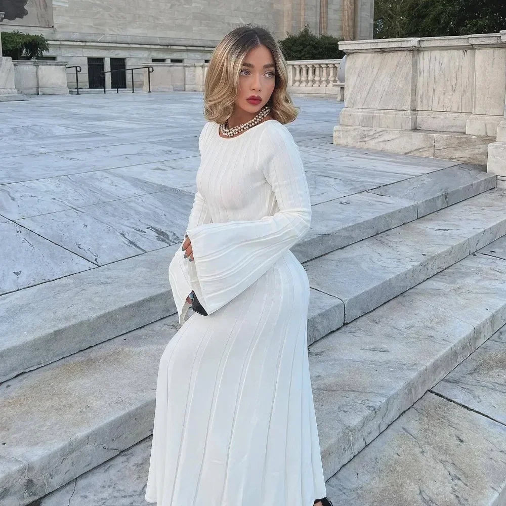 MQTIME  -  White Backless Knitted Maxi Dress for Women Elegant Flare Long Sleeve Bodycon Party Dresses Lady Holidays Club Evening Outfits