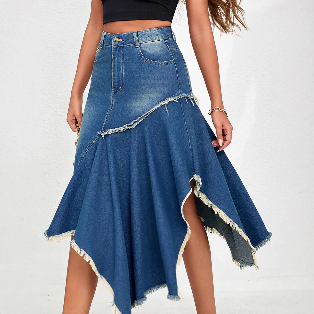 MQTIME  -  Irregular Splicing Women's Dress, Asymmetrical Hem, European and American Large Skirt, Denim A-line Skirt