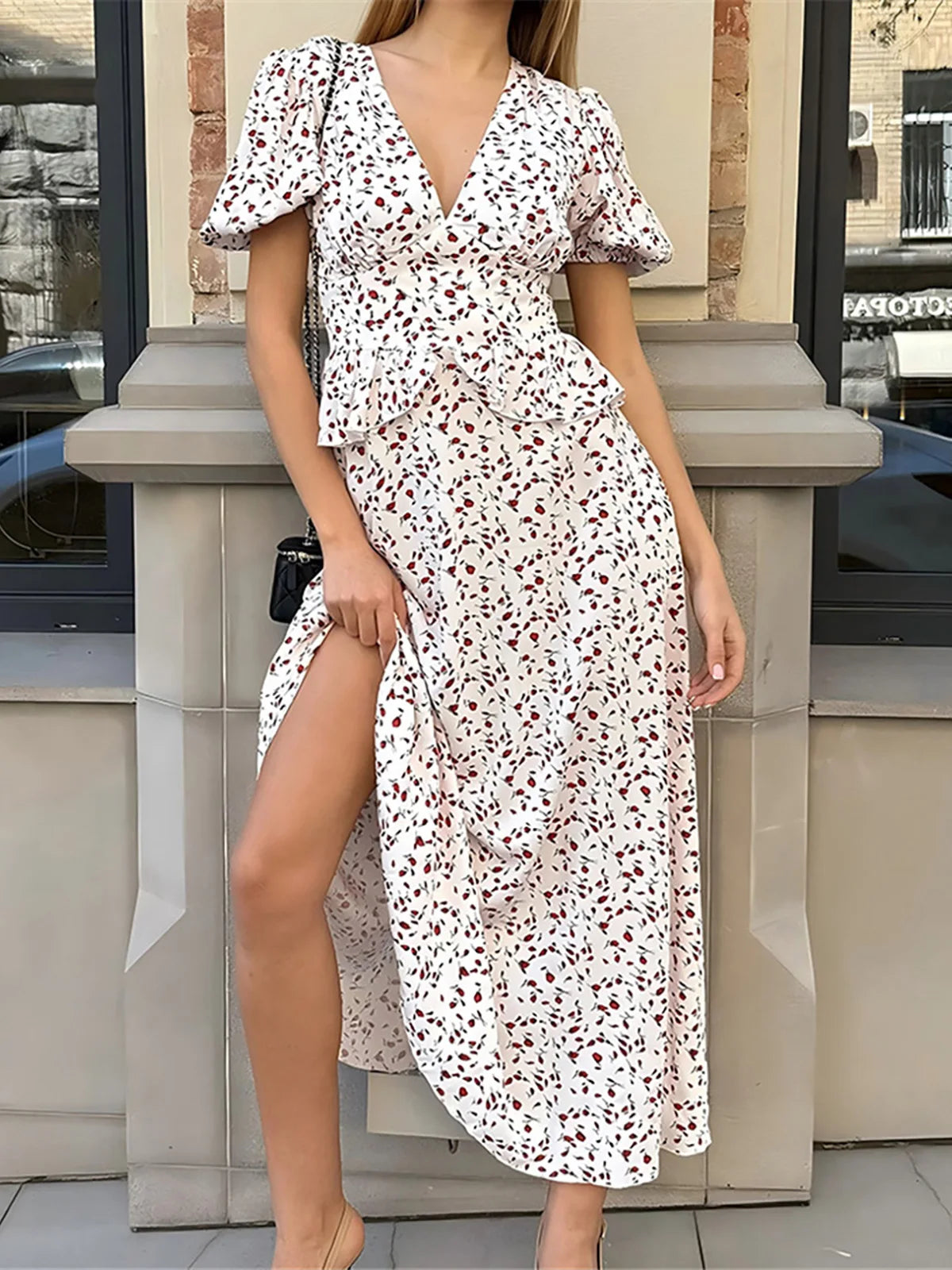 MQTIME  -  Flowers Printed V-Neck Waist Hugging Long Dress Female Puff Sleeve Elegant Fashion Dress Short Sleeve Slimming Women Dress D554