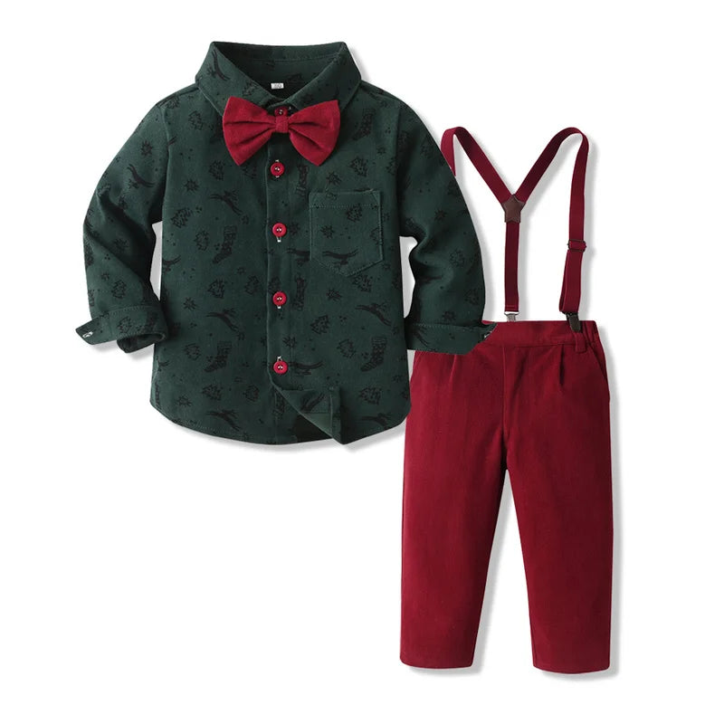 MQTIME  -  Christmas Toddler Kids Boys Gentleman Clothing Sets Long Sleeve Cartoon Bowtie Casual Shirts+Suspenders Pants Outfit