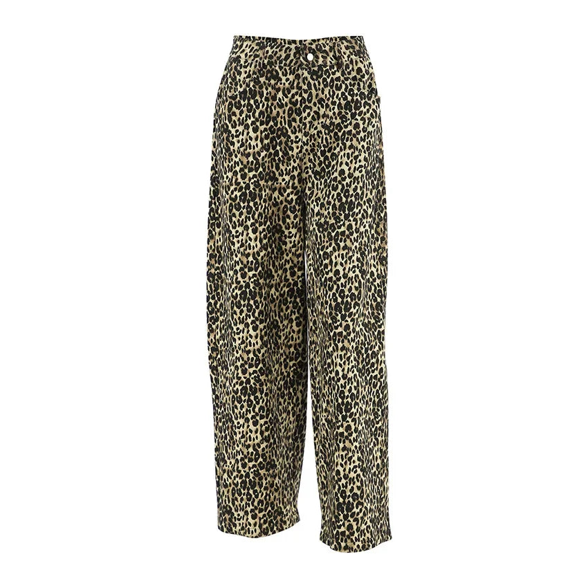 MQTIME  -  Women's Leopard Print High-Waisted Trousers - Button-Fly Wide Leg Pants with Belt Loops, Retro Fall Winter Street Style