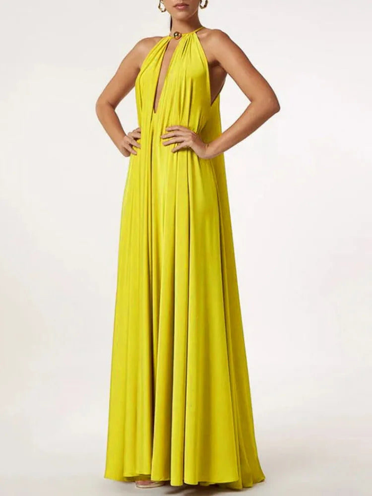 MQTIME  -  Women's Vibrant Yellow Halter Wrap Maxi Dress Deep V-neck Sexy Pleated Long Evening Dresses Elegant Photoshoot Dress