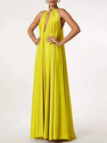 MQTIME  -  Women's Vibrant Yellow Halter Wrap Maxi Dress Deep V-neck Sexy Pleated Long Evening Dresses Elegant Photoshoot Dress