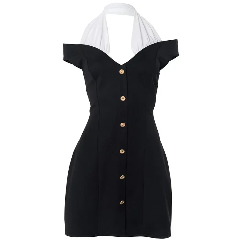 MQTIME  -  Black and White Patchwork Halterneck Mini Dress Elegant Outfits Button Up A Line Dresses Summer Y2k Woman New