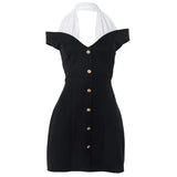 MQTIME  -  Black and White Patchwork Halterneck Mini Dress Elegant Outfits Button Up A Line Dresses Summer Y2k Woman New