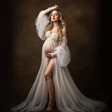 Mqtime  Elegant Maternity Photography Props Dress Pearls Tulle Bridal Gown Maternity Dresses for Photoshoot Off Shoulder Babyshower Gown