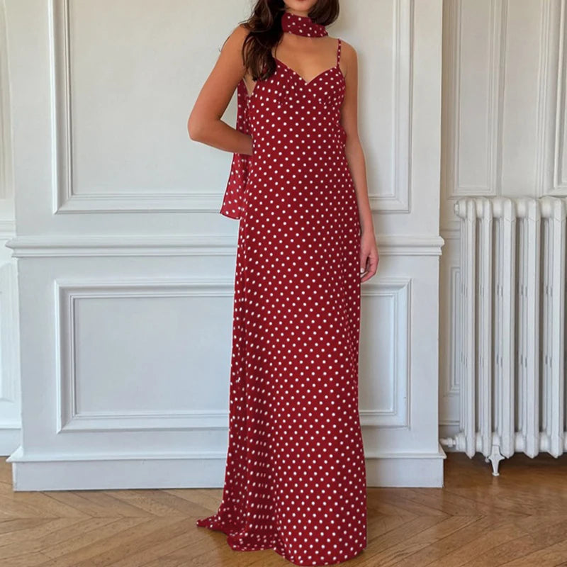 MQTIME  -  Women's French Style Polka Dot Printing Sexy V-neck Camisole Backless Loose Dress Sleeveless Summer Party Gowns