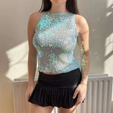 MQTIME  -   Fashion Sequined O-neck Vest Women Sexy Knitted Sleeveless Solid Slim Shinny Tops Female 2025 Casual Summer Party Top Lady