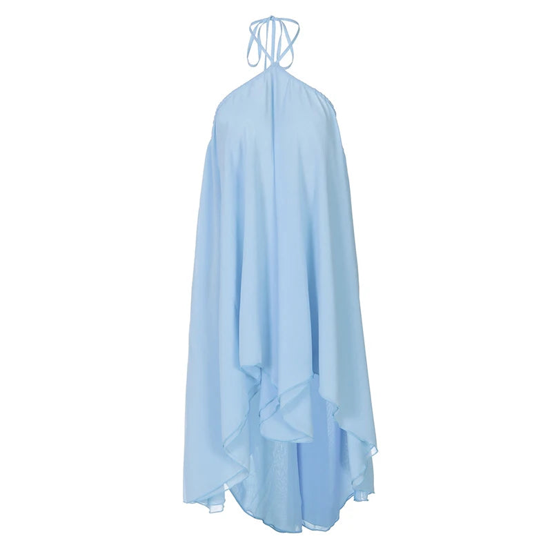 MQTIME  -  Halter Pleated Backless Irregular Mini Dress Women Off Shoulder Sexy Big Swing A-line Holiday Dresses 2025 Summer Party Robe
