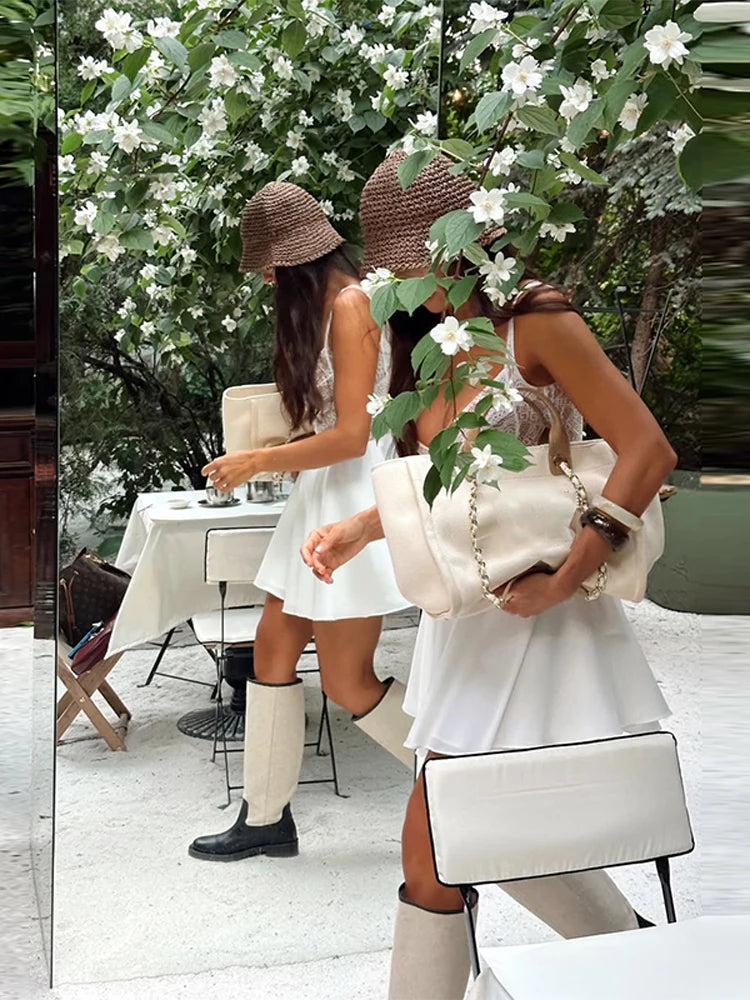 MQTIME  -  Sexy Lace Sling A-line Dress Women Patchwork Sleeveless Backless Slip Short Solid Dresses Female 2025 Summer Lady Mini Robes