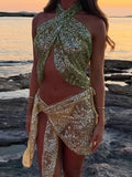 MQTIME  -   Sparkly Sequin Sheer Mesh Two-Way Wrap Skirt  Women's Adjustable Tie Mini Skirts Summer New Sexy Beach Vacation Party Cover Up