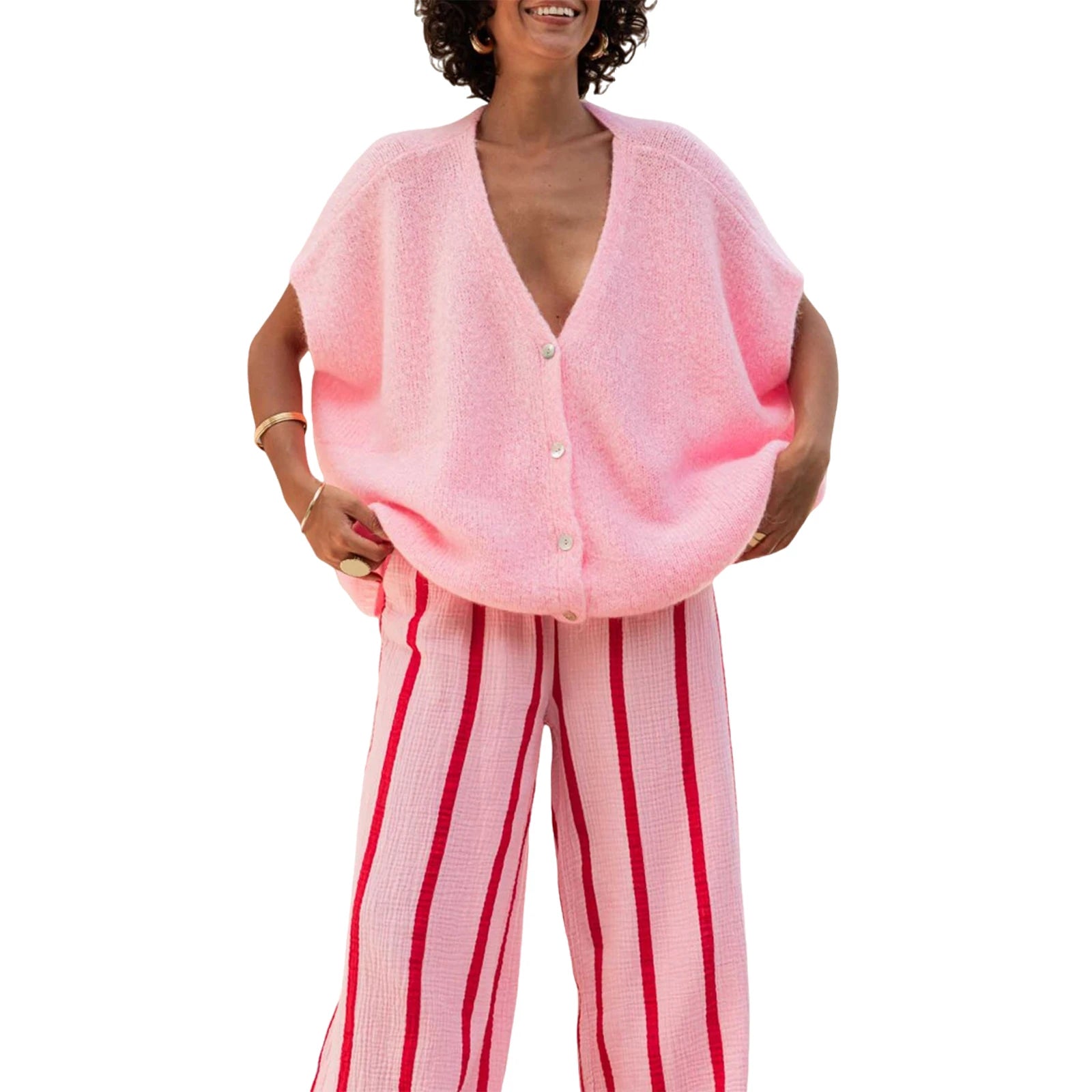 MQTIME  -  Women's Y2K Basic Loose Fit Short Sleeve Knitwear Cardigan Solid Color Button Down Deep V-Neck Lightweight Sweaters