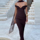 MQTIME  -  Summer Sleeveless Deep V-neck Bodycon Dress Trendy Off Shoulder Ribbon Wrap Hips Dress Sexy Hot Girl Tube Top Solid Color Gown