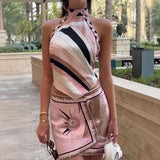 MQTIME  -   Spring Geometric Print Satin Outfits Woman Sexy Halter Lace-up Backless Top & Mini Skirt Sets Summer Hollow Irregular Suits