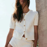 MQTIME  -  Women's Y2K Chic Cable Knitwear Cardigans Striped Short Sleeve Button-down Round Neck Cropped Slim Fit Sweater Tops