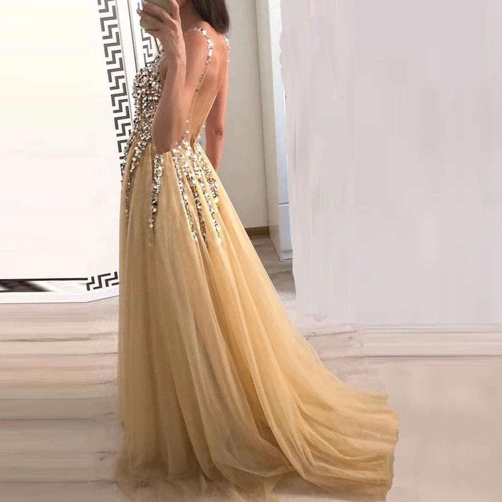 MQTIME  -  Sexy Women Front And Back V-Neck Sequin Mopping Dovetail Dress For Photography Props Summer Beach Front Back Split Clothing