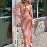 MQTIME  -  Elegant Stripes Print Hollow Out Long Dress Women Sexy V-neck Long Sleeve Wrap Hip Dress Fashion Hight Waist Slim Party Dresses