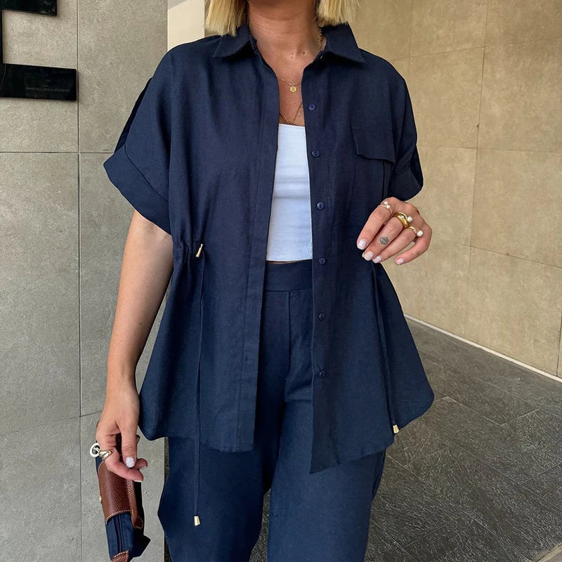 MQTIME  -  Summer Elegant Button Wide Leg Suit Casual Short Sleeve Shirt & Long Pant Outfits Women Fashion Lapel Solid Loose 2Pc Sets