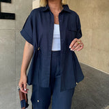 MQTIME  -  Summer Elegant Button Wide Leg Suit Casual Short Sleeve Shirt & Long Pant Outfits Women Fashion Lapel Solid Loose 2Pc Sets