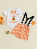 MQTIME  -  Toddler Girl Halloween Costume Pumpkin Print Long Sleeve Romper and Tutu Skirt 2 Piece Set with Headband and Tights