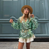 MQTIME  -   Luxury Sequin Oversized Wrap Jacket Fringe Trim Tie-Waist V-Neck Sparkly Coat Women's Casual Party Club Streetwear Outfits