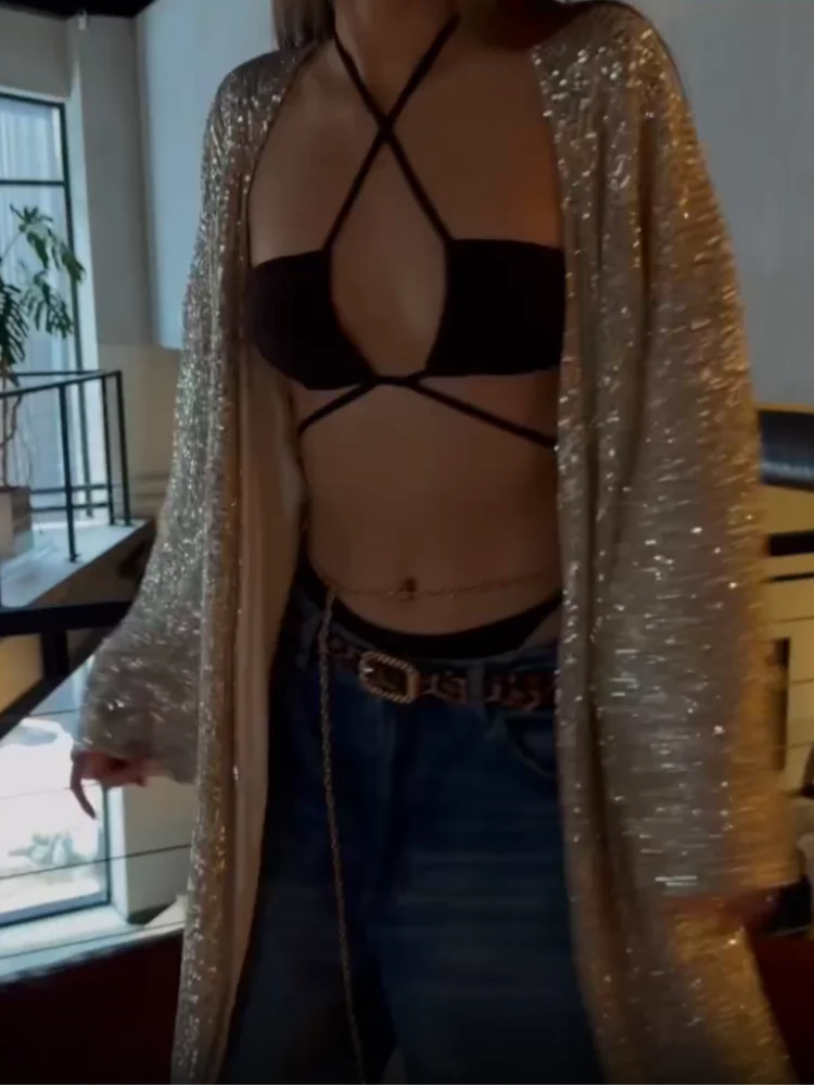 MQTIME  -   Elegant Sequin Women's Cardigan Chic Full Sleeve Oversize Long Jackets Female 2025 Autumn Fashion New Lady High Street Outwears