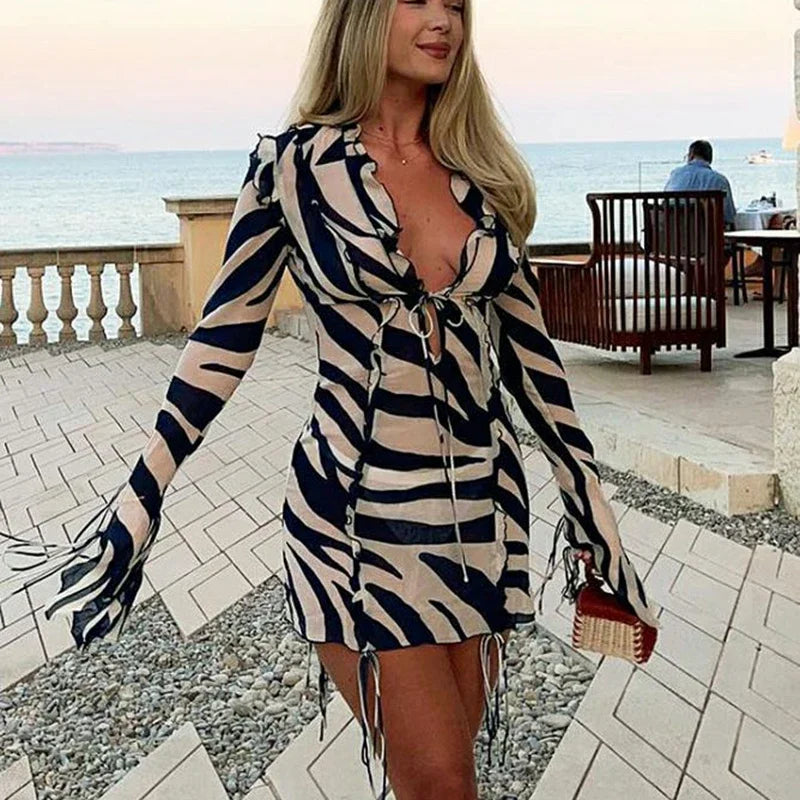 MQTIME  -  Women's Summer Short Tie Up Dress Long Sleeve V Neck Zebra Print Ruffled Hollow Out Cover-ups Short Mini Sundress