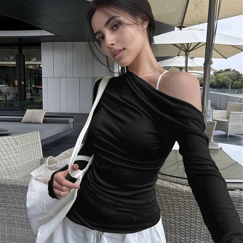 MQTIME  -  Slim Solid Pleated Slant Collar T-Shirts Ladies Street Casual Basic Pullover Tees Slanted Shoulders Long Sleeve Tops For Women