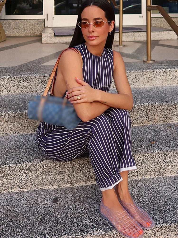 MQTIME  -  Women's Casual Stripe Jumpsuit O-neck Sleeveles High Waist Wide Leg Trousers Bodysuit Female Summer Fashion Lady Rompers