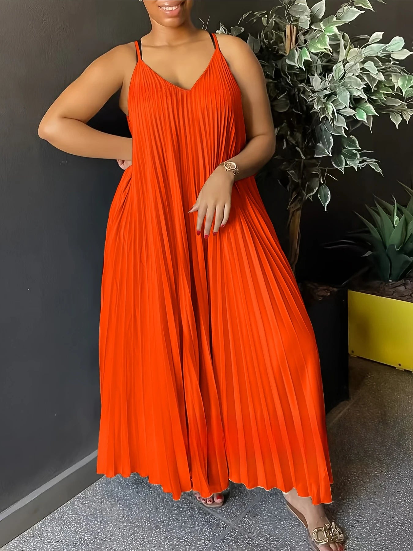 MQTIME  -  Summer High Waist V Neck Casual Sleeveless Dress Pleated Spaghetti Strap Dresses New Relaxed Sexy Maxi Beach Women Dress